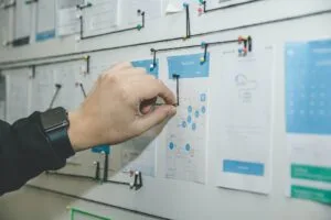 Professional mapping out SOPs on a strategy board with pinned documents.