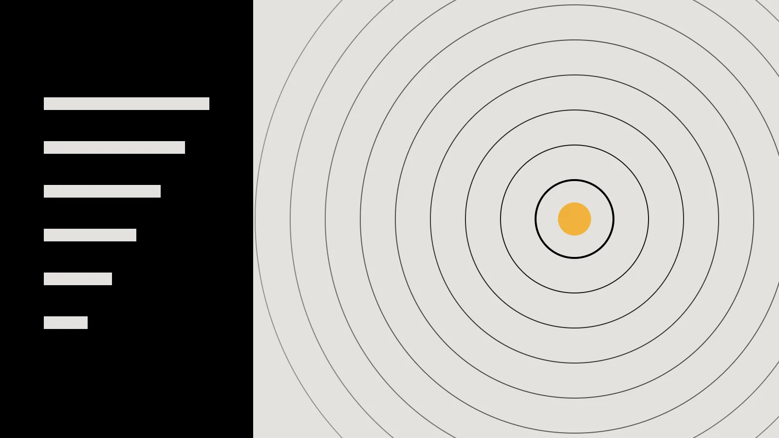 Concentric black circles narrowing to an amber point on bone, beside a black panel of shortening bone bars.
