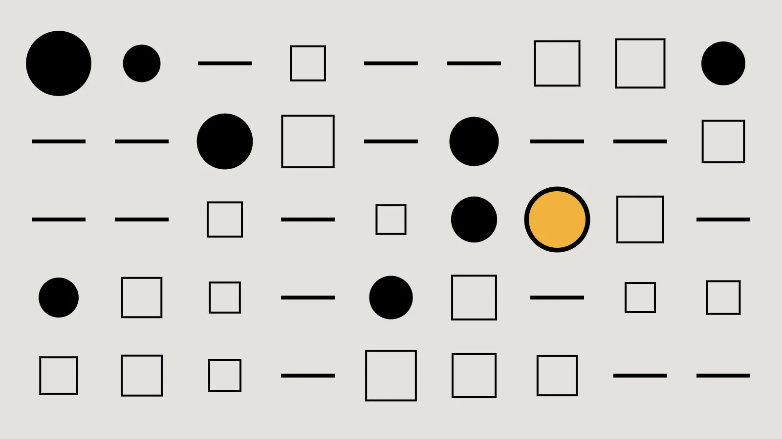 A grid of black circles, outlined squares and short rules on bone, like a type specimen, with one amber circle.