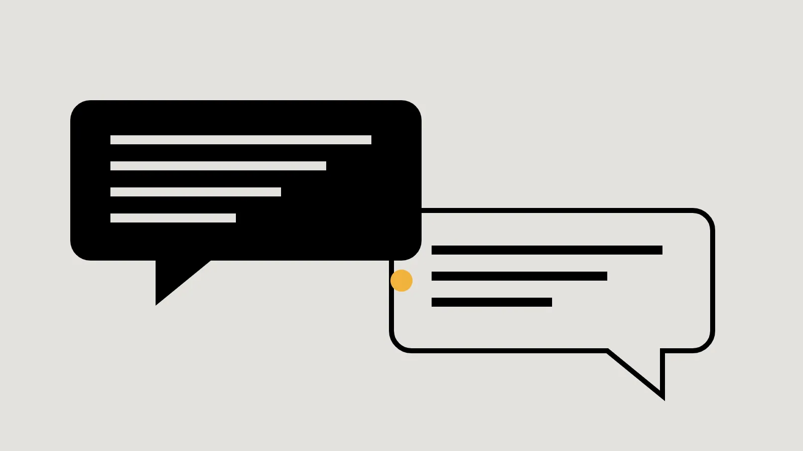 Two offset black speech-bubble shapes on bone, connected by a dotted line, with a small amber mark between them.