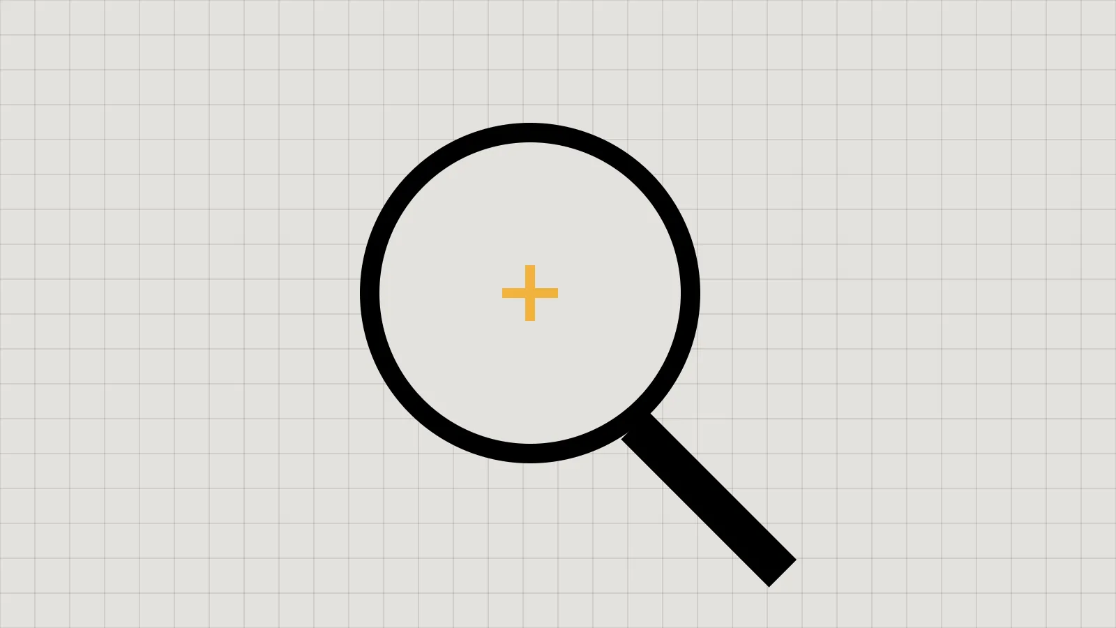A thick black ring like a magnifying glass over a fine bone grid, with an amber cross at its centre.